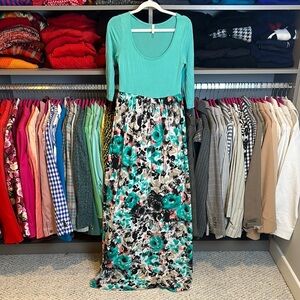 Pink blush mint/multicolor print 3/4 sleeve elastic waistband maxi dress size S